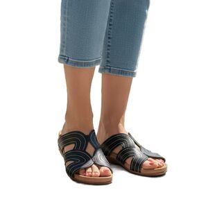 Vionic Black Leather Open Toe Wedge Sandals